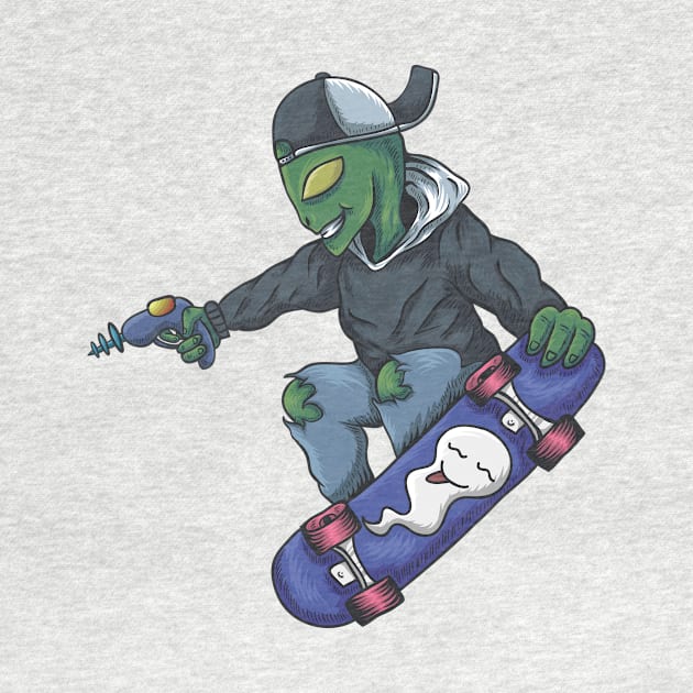 Alien Skateboarder with Ray Gun by SLAG_Creative